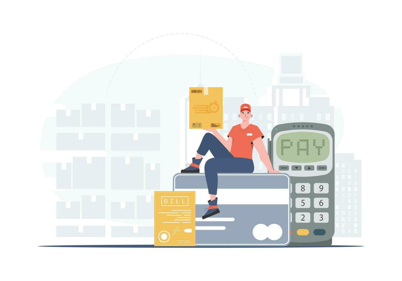 Home delivery concept. A male courier sits on a bank card and holds a box. trendy style. Vector. vector