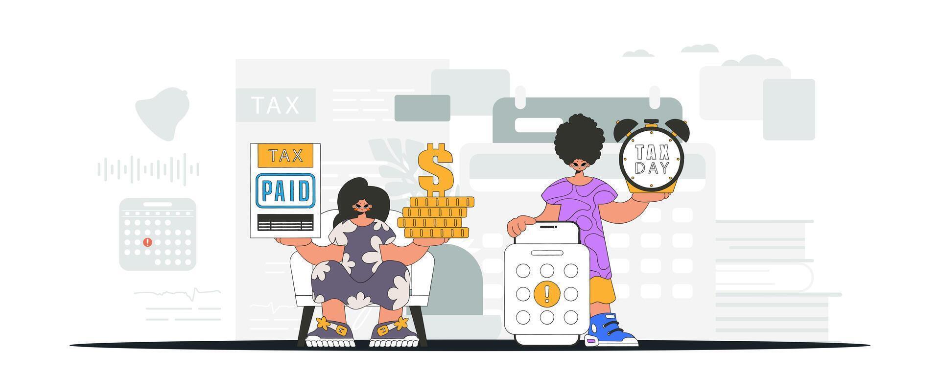 Fashionable guy and girl demonstrate paying taxes. An illustration demonstrating the importance of paying taxes for economic development. vector