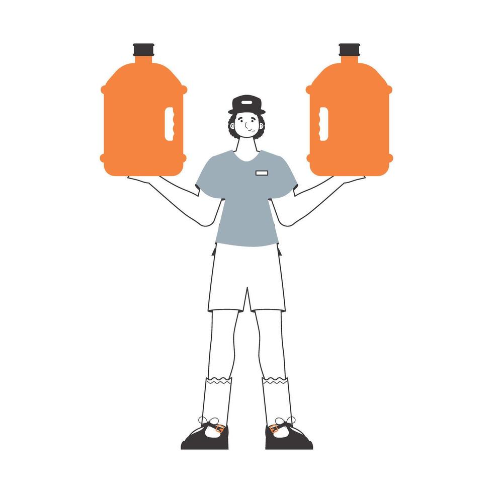 Water delivery concept. A guy with a big bottle of water in his hands. Linear trendy style. vector