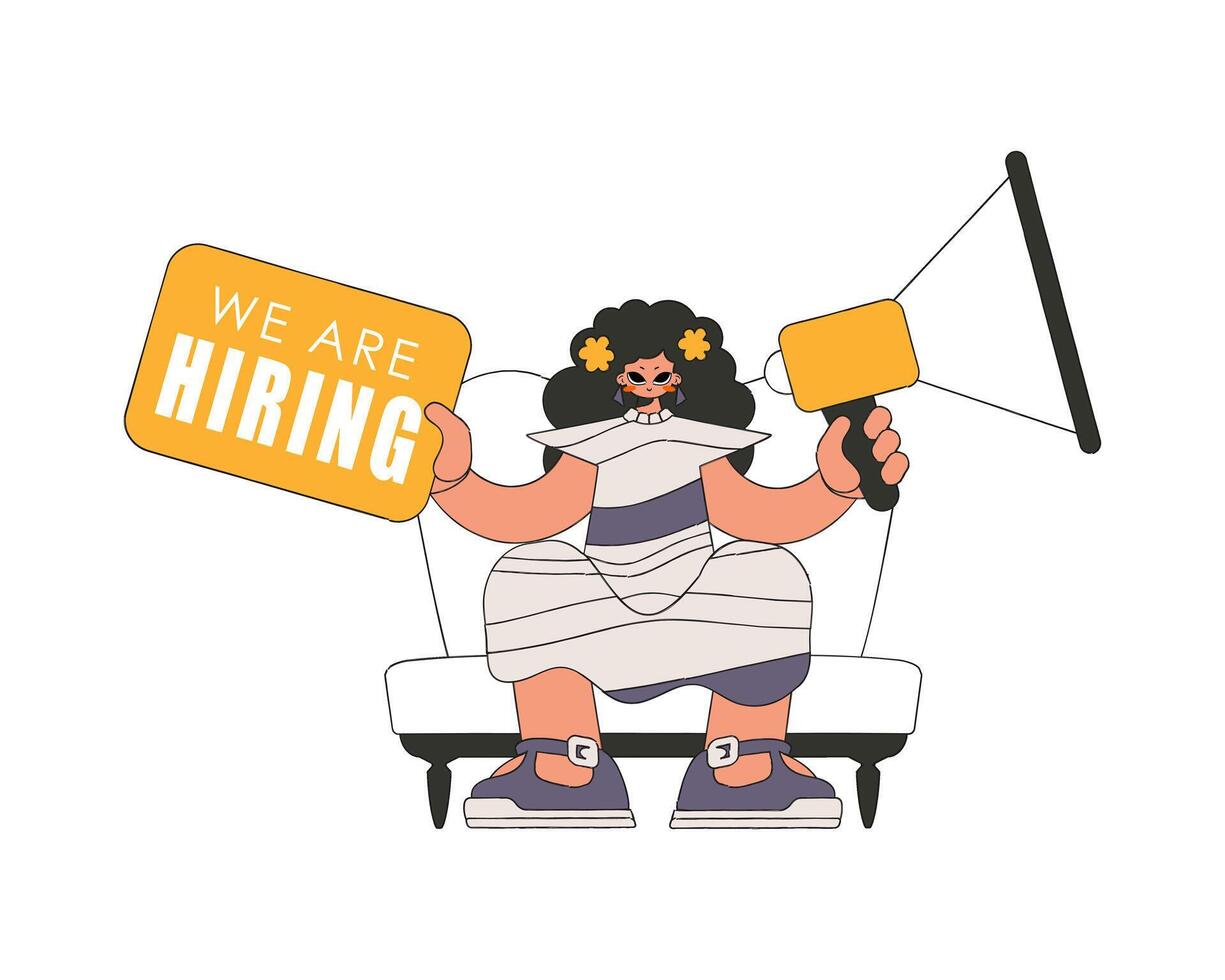 A young girl sits in a chair and holds a megaphone. Good for job search topics. vector