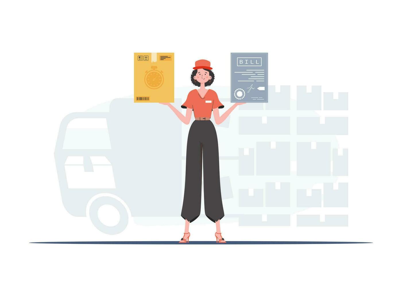 Home products. Food delivery. A woman courier is holding a box and a check. Trendy flat style. Vector. vector