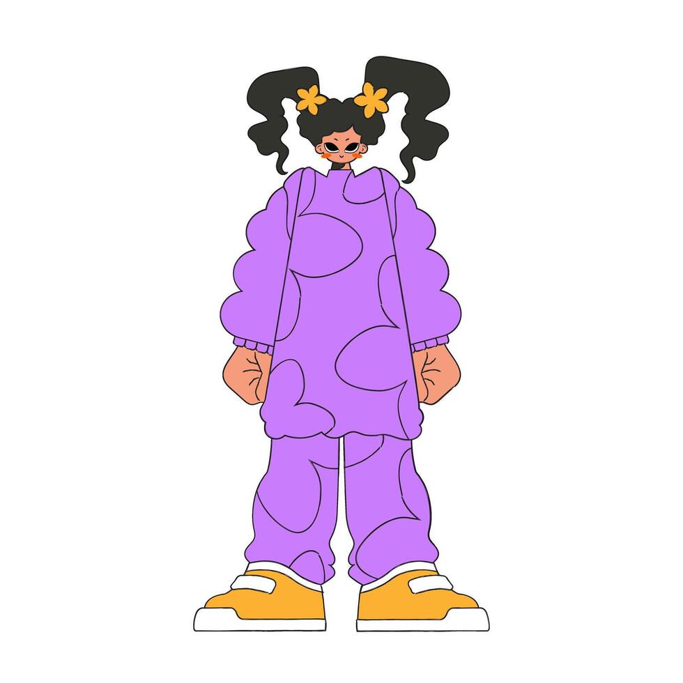 A girl in a purple tracksuit with a floral pattern. vector