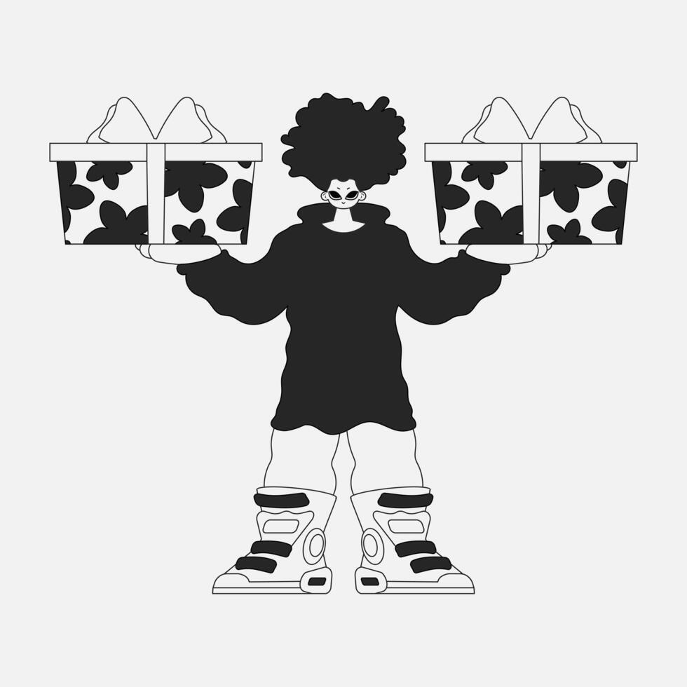 Charming man holding a gift box. Black and white style. vector