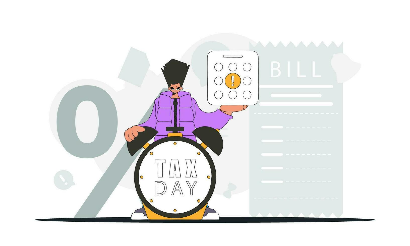 agraciado hombre con un calendario y un alarma reloj. un ilustración demostrando el correcto pago de impuestos. vector