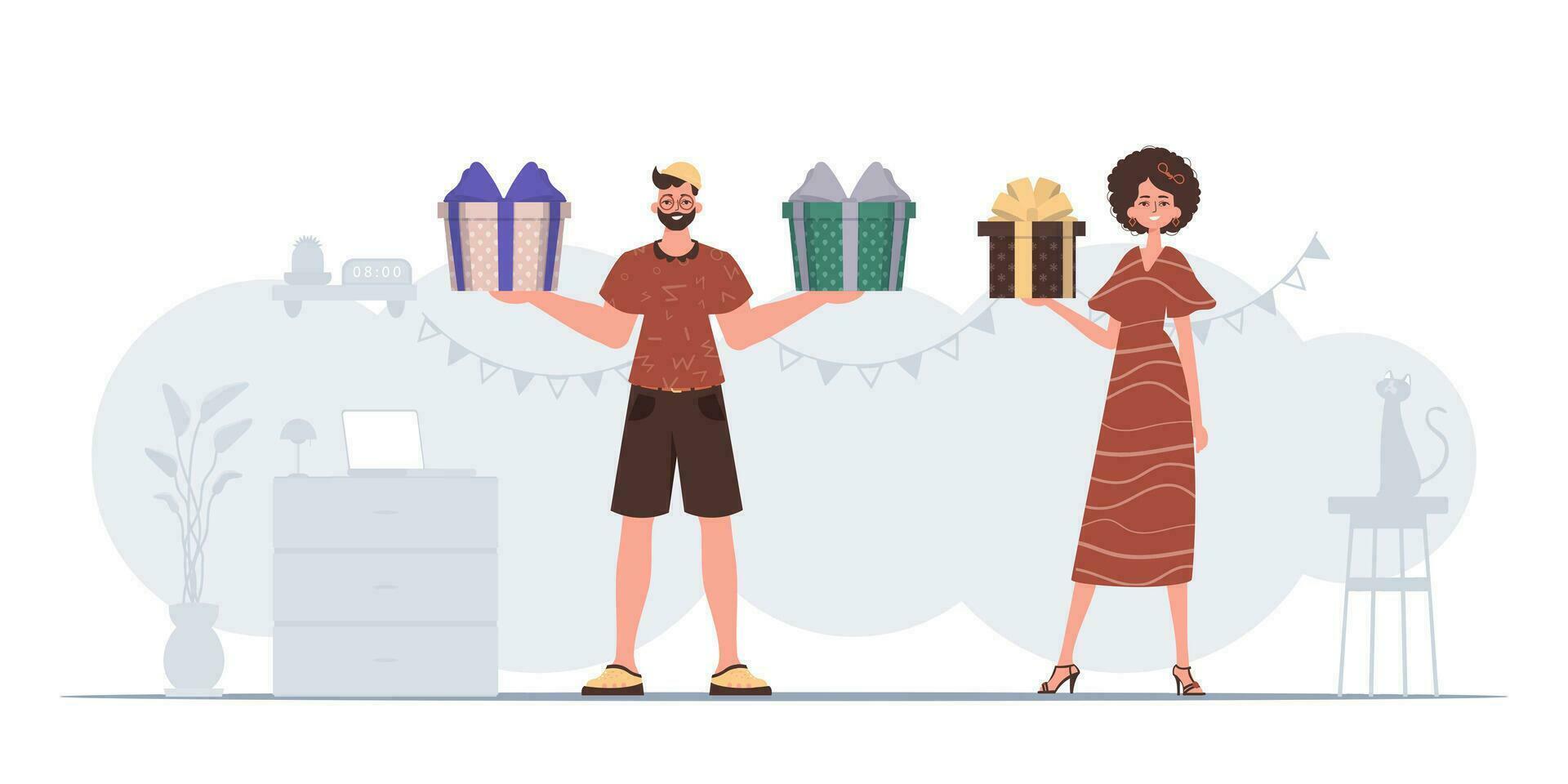 un hombre y un mujer son participación un festivo regalo caja en su manos. Navidad regalo concepto. vector