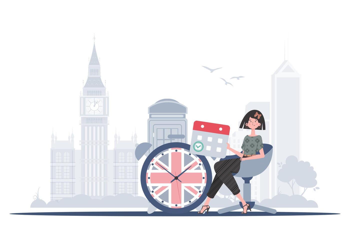 The concept of learning English. Woman holding a calendar with a marked date and a clock. Trendy flat style. illustration. vector
