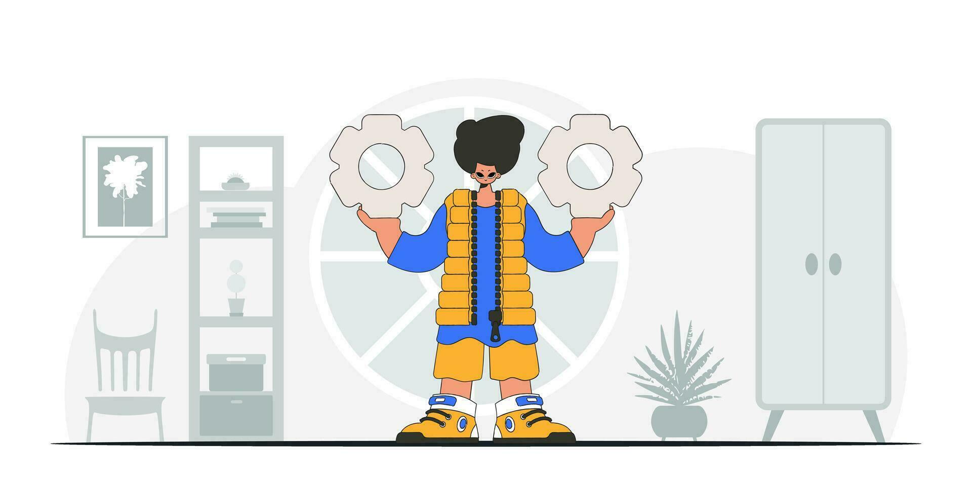 Stylish guy holding gears. Idea concept. trendy character. vector