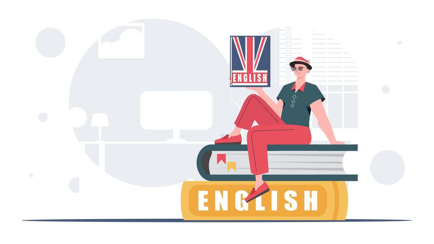 The concept of learning English. A man sits on books and holds an English dictionary in his hands. Trendy cartoon style. . vector