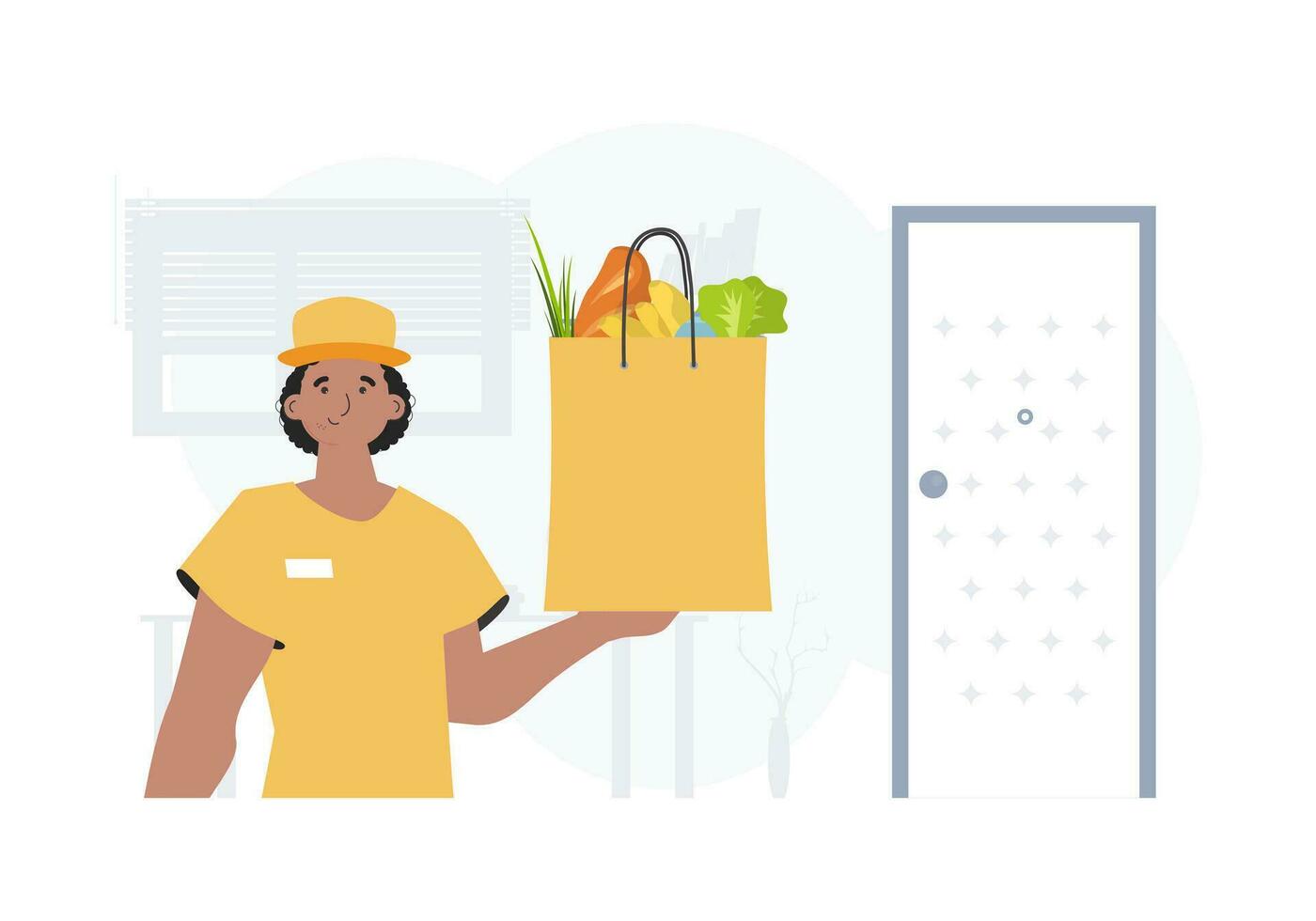 Home delivery concept. A man is holding a bag of food. Trendy flat style. Vector. vector