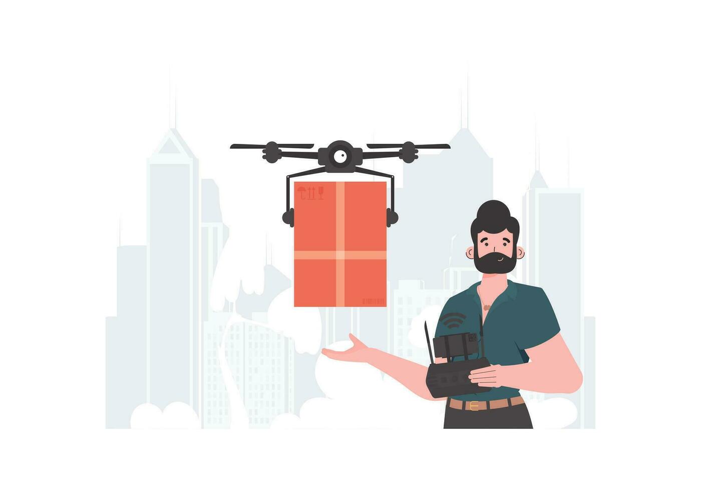 A man controls a quadcopter with a package. Delivery theme. trendy style. Vector. vector
