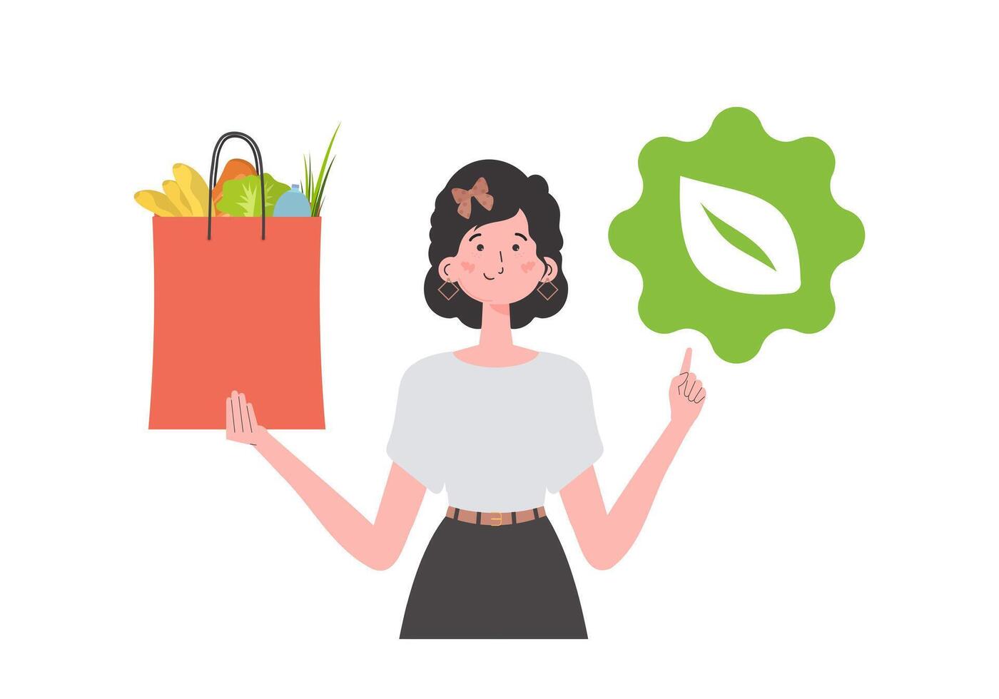 The woman is shown waist-deep and holding a bag of healthy food in her hands and showing the EKO icon. Isolated on white background. Flat trendy style. . vector