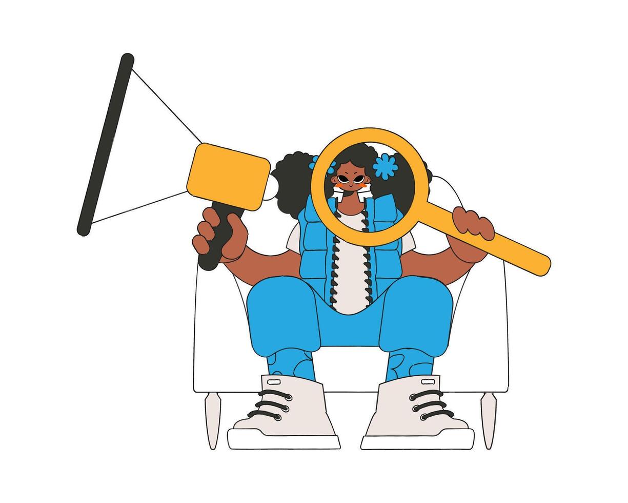 Stylish woman sits in a chair and holds a megaphone. Suitable for use in communications or protest thematic projects. vector