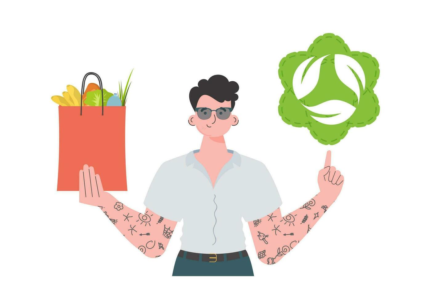 The guy is shown waist-deep and holds a package with healthy food in his hands and shows an icon. Isolated. Trend style, vector illustration.
