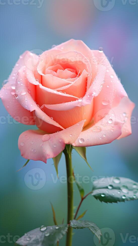 Stunning macro shot of a dew-kissed rose in full bloom with dreamy blurred background and copy space AI Generative photo