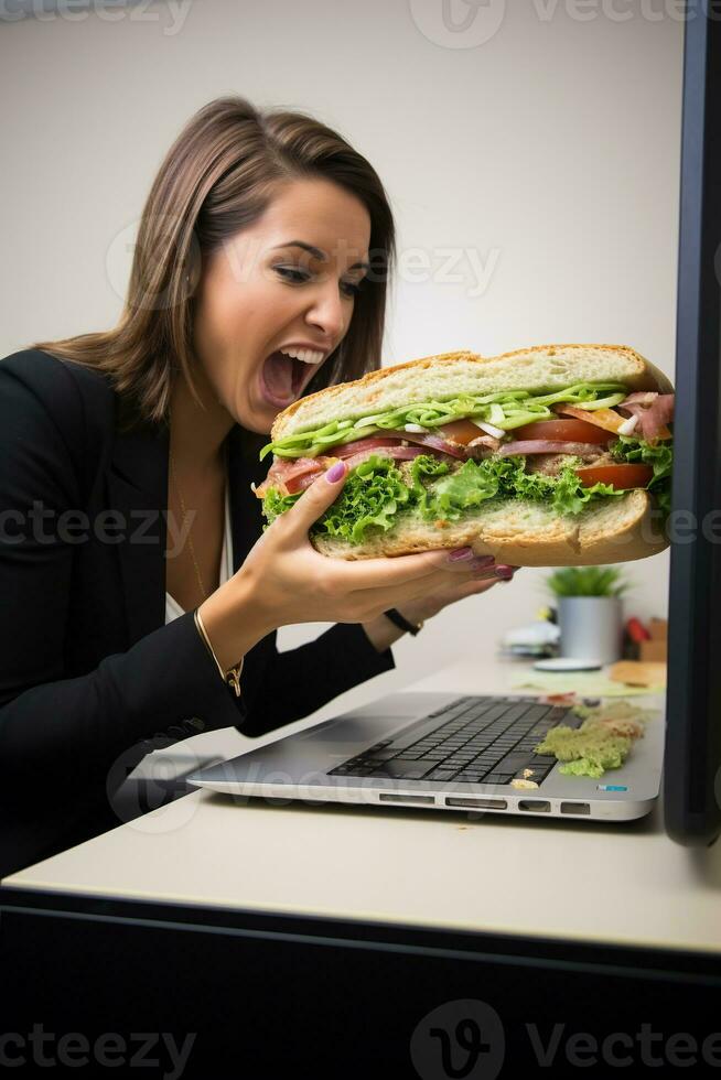 Juggling Sandwich and Spreadsheets - Woman's Humorous Work-Lunch Balance AI Generative photo