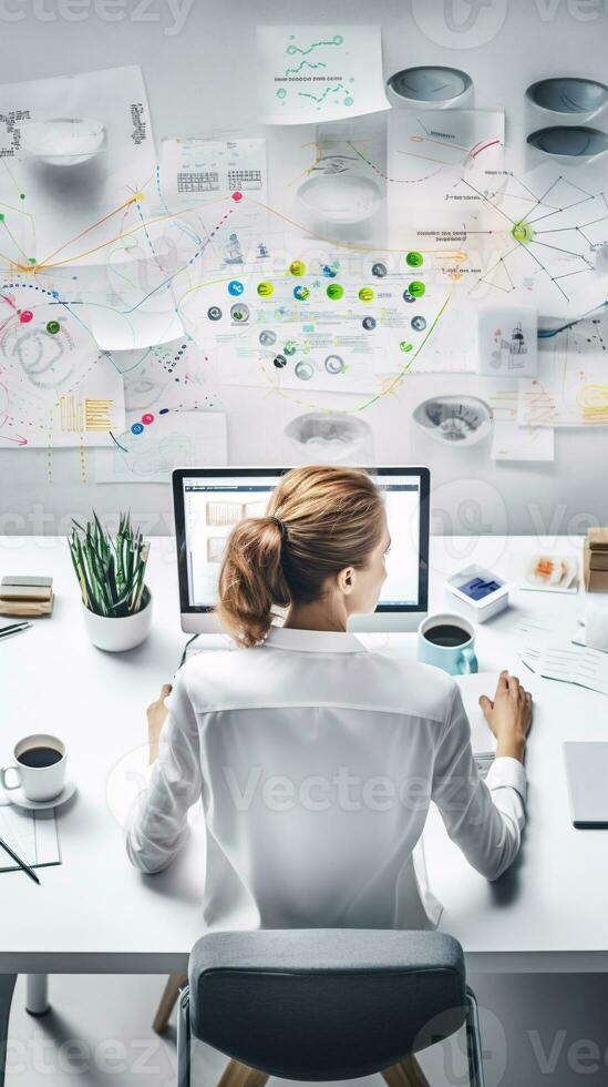 Woman at a technologically equipped workstation with ample top-side copyspace for creative business branding AI Generative photo