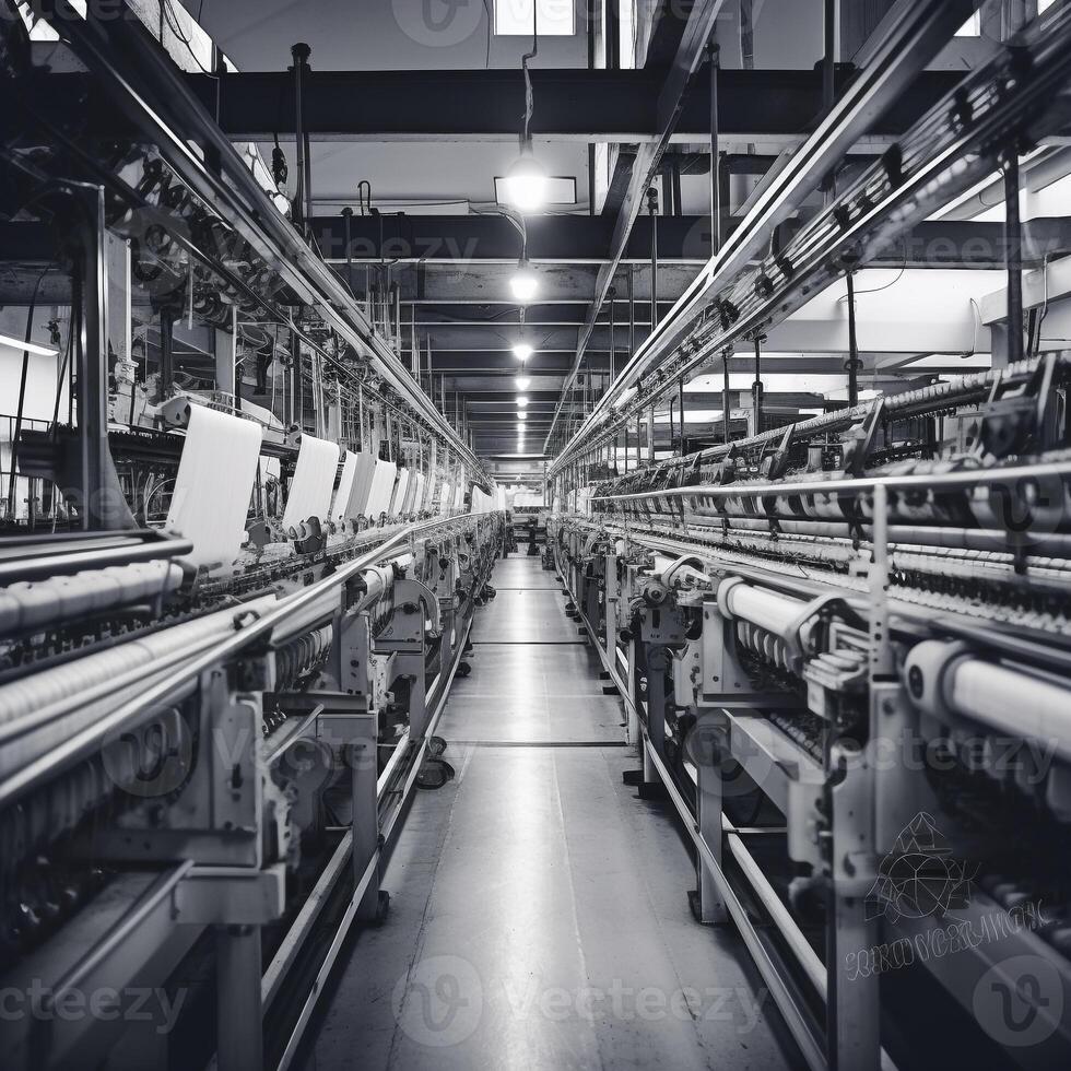 Modern textile factory with automated looms weaving patterns photo