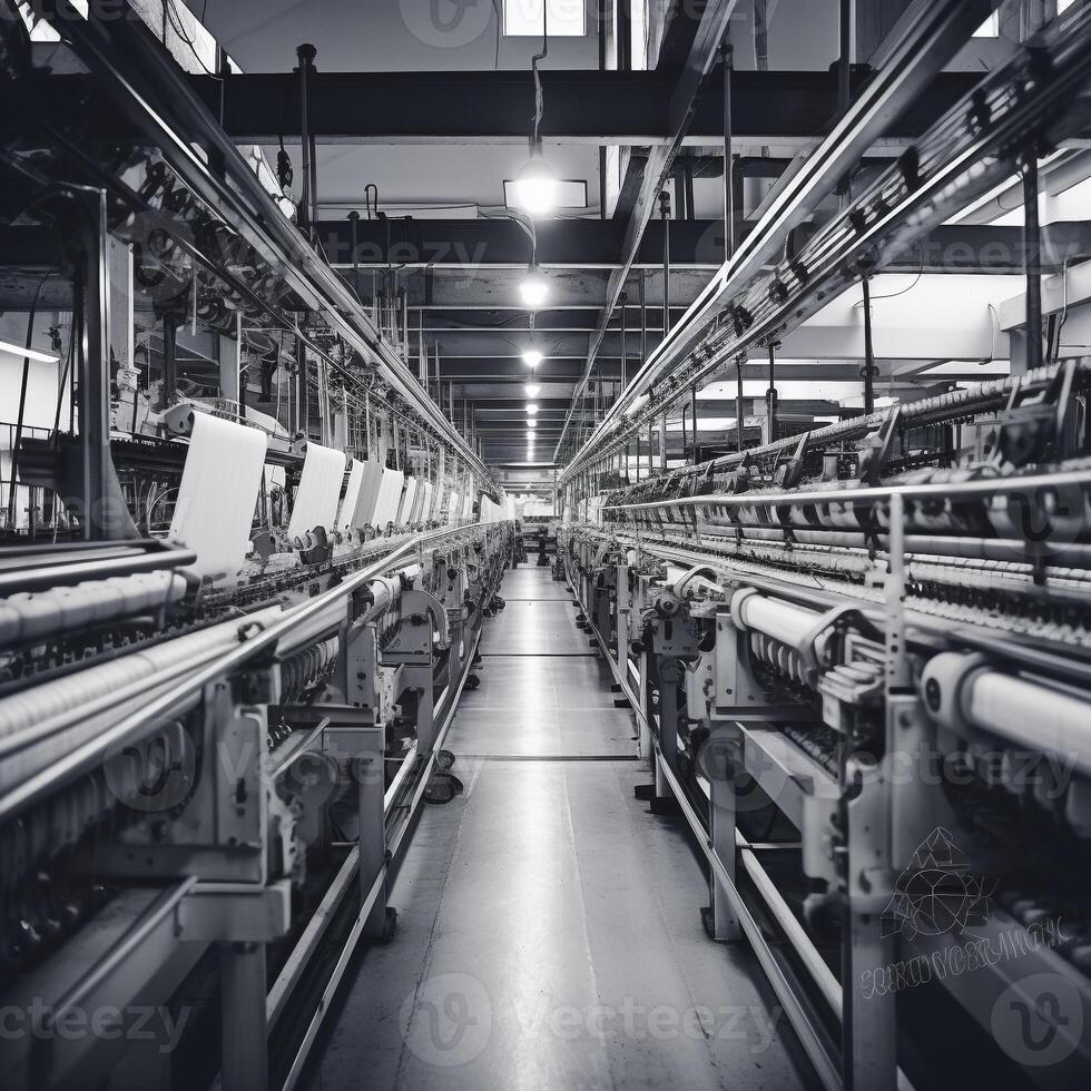 Modern textile factory with automated looms weaving patterns AI Generative photo