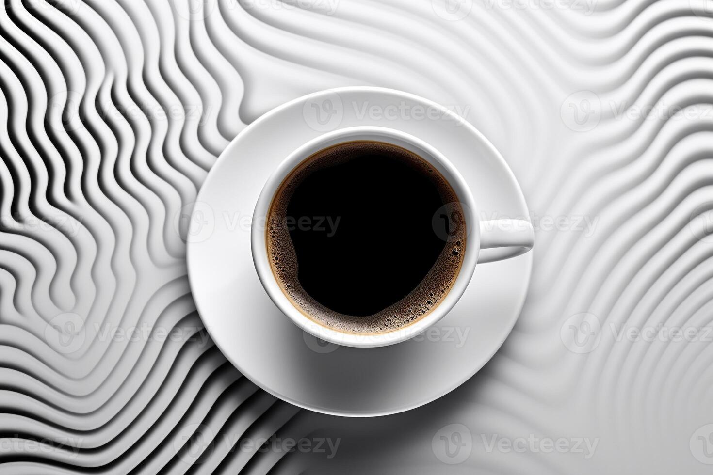 Aerial View of Steaming Coffee Cup on Geometrically Patterned Surface with Ample Copy Space photo