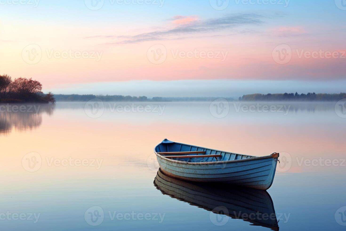 Peaceful dawn over a calm lake with a solitary rowing boat in the distance photo