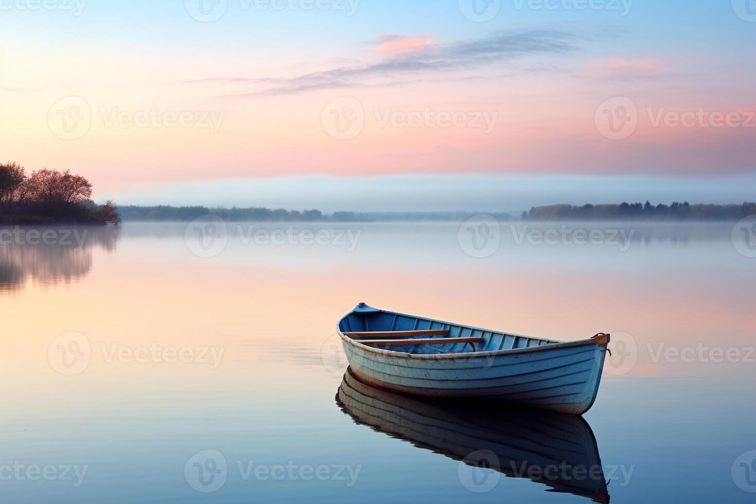 Peaceful dawn over a calm lake with a solitary rowing boat in the distance AI Generative photo