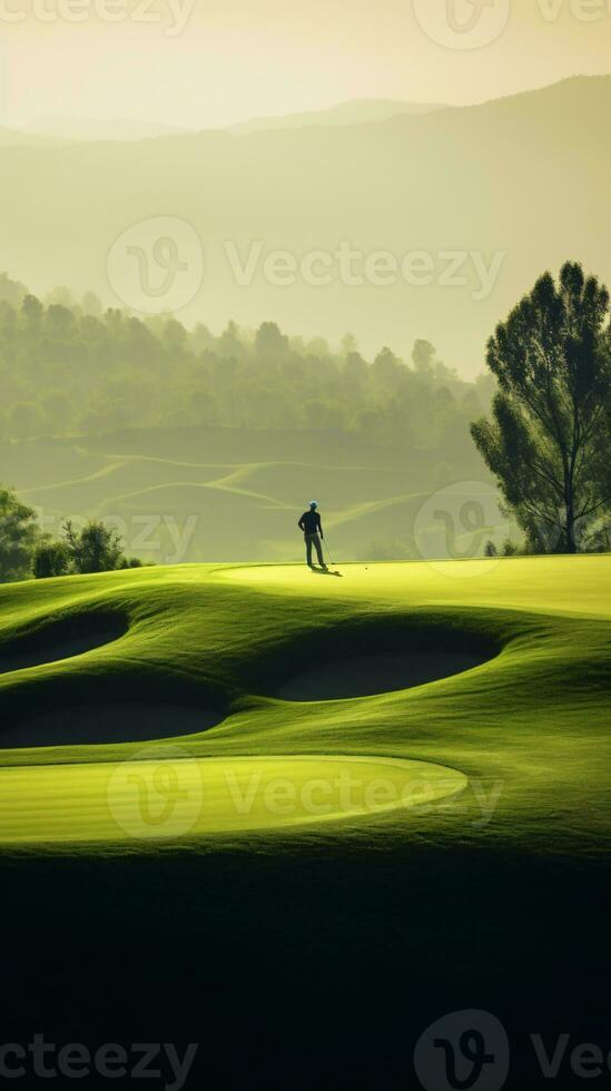 Experience of Golf Amidst the Vast Expanse of Nature and Beautifully Lit Landscape AI Generative photo
