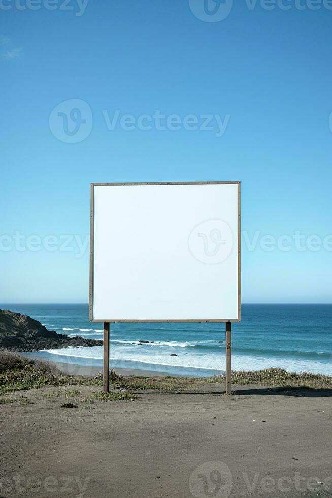 Striking image of a blank billboard frame on a desolate beach, endless advertising possibilities AI Generative photo