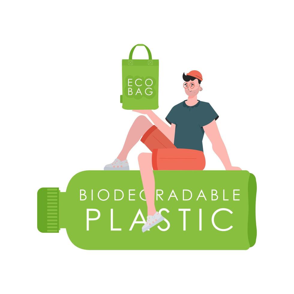 A man sits on a bottle made of biodegradable plastic and holds an ECO BAG in his hands. Concept of green world and ecology. Isolated on white background. Trend style.Vector illustration. vector