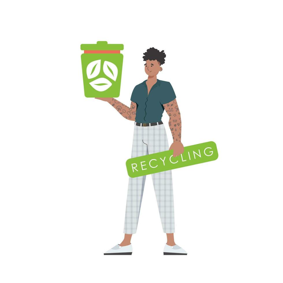 The guy is depicted in full growth and holds an urn in his hands. The concept of recycling and zero waste. Isolated. Trendy character style. Vetcor. vector