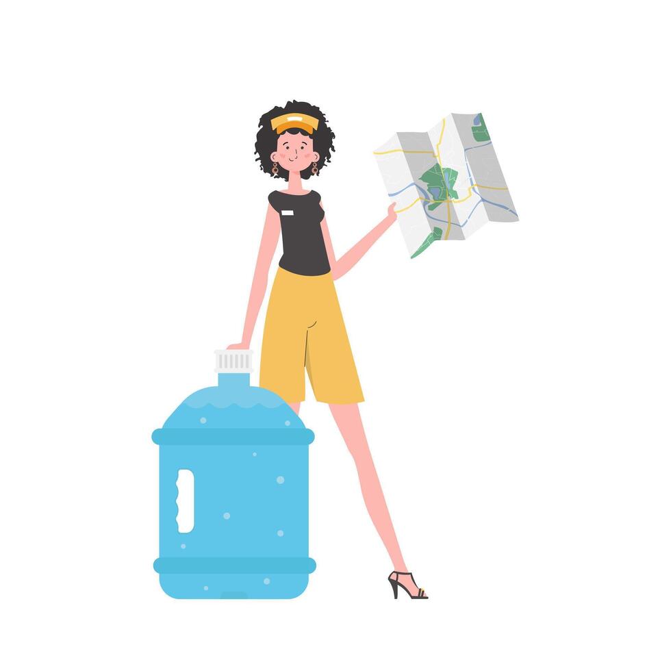 Girl water delivery operator holding a map. Cartoon style character depicted in full growth. Isolated. illustration. vector