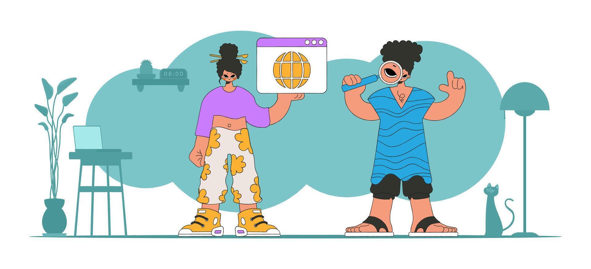 A bright and stylish illustration of a girl and a guy help to find information on the Internet. Modern character style. Perfect for adding a modern and tech touch to your project. vector
