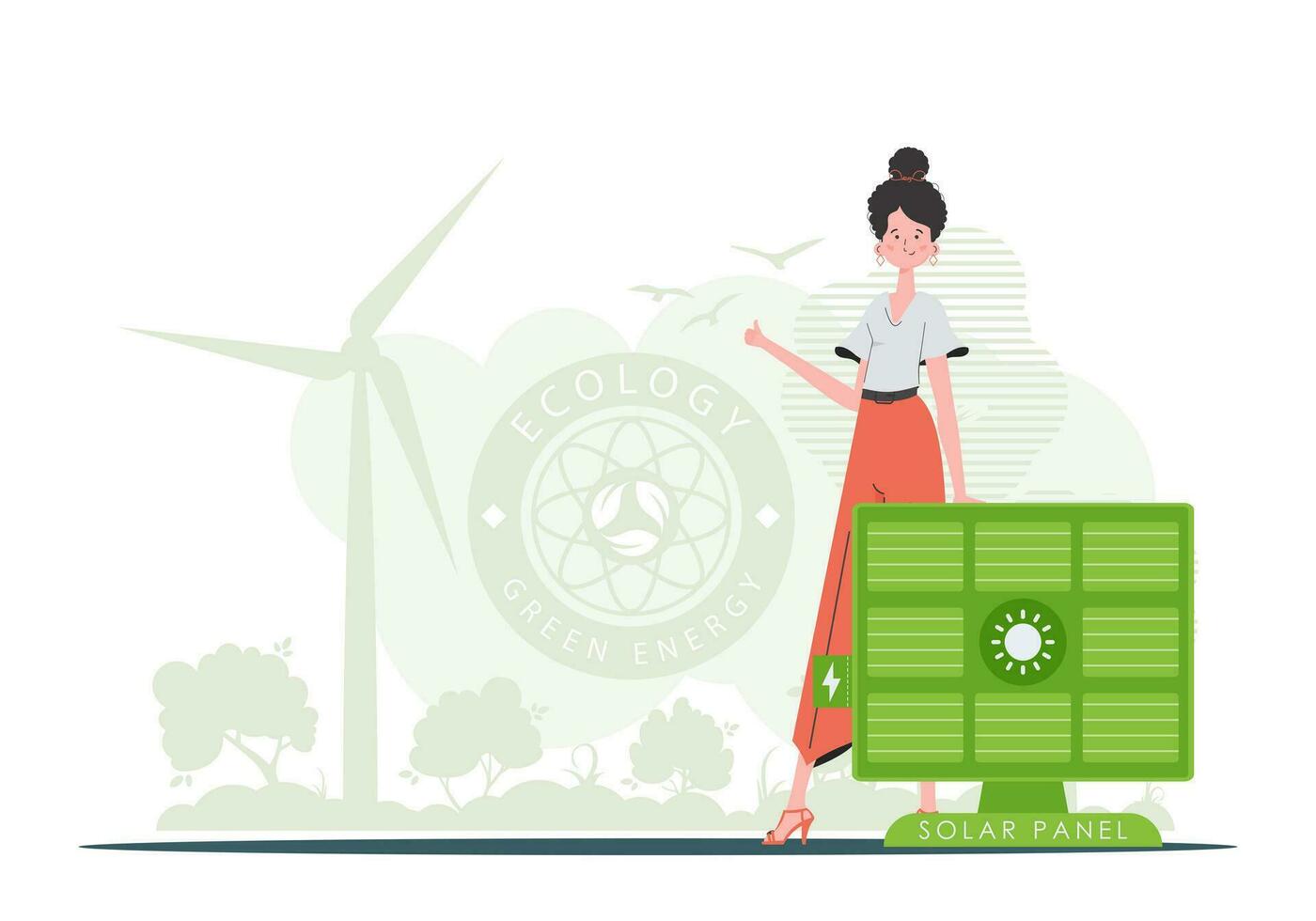 Eco energy concept. A woman is standing near a solar panel. Vector illustration.