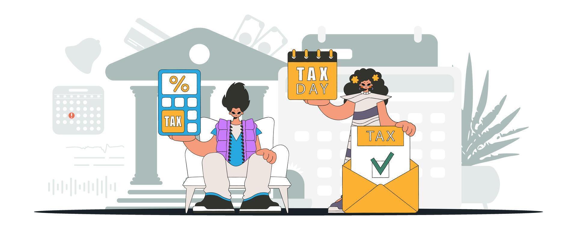 A graceful girl and a guy are engaged in paying taxes. An illustration demonstrating the correct payment of taxes. vector