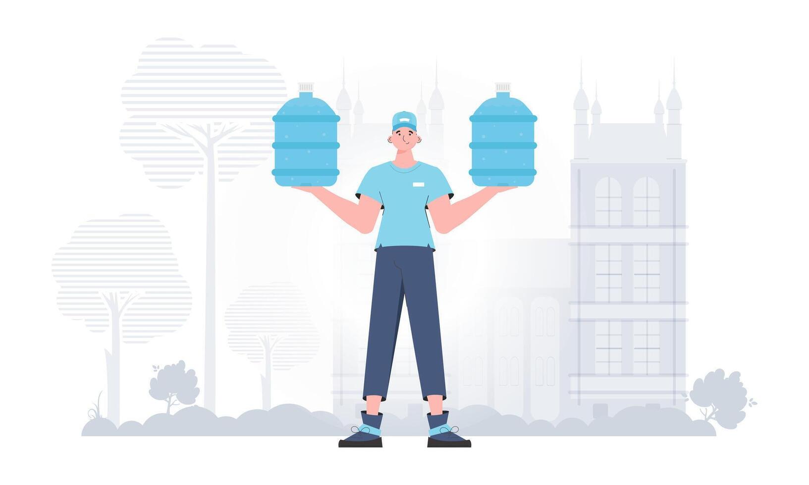 A man is holding a bottle of water. Delivery concept. The character is depicted in full growth. . vector