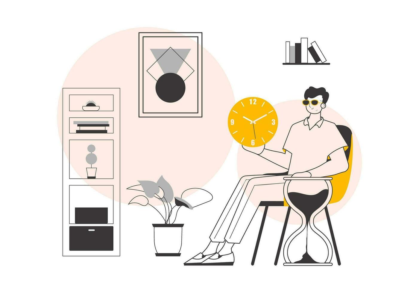 The guy is holding a watch. Time management concept. Modern linear style. Vector illustration.