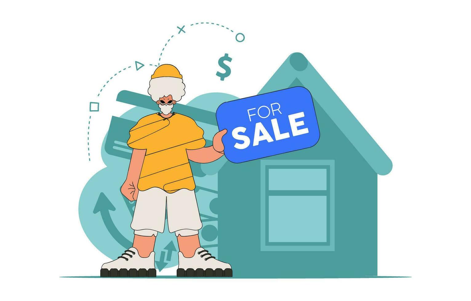 The concept of owning a home. Guy realtor holding a house in his hands. vector