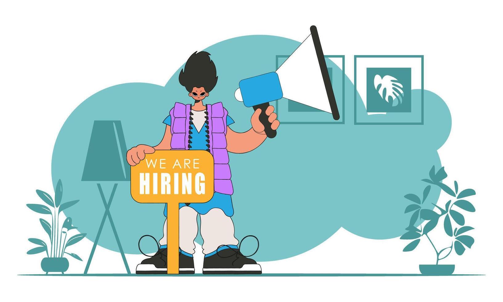 Concept Attraction and search of personnel. Guy with a megaphone. labor market. vector