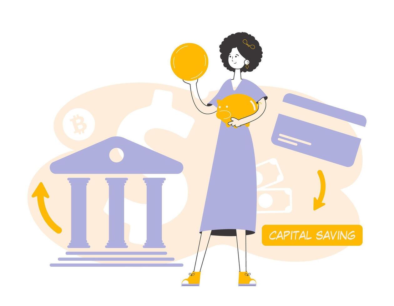 The girl is holding a coin and a piggy bank in her hands. The theme of saving money. Linear trendy style. vector