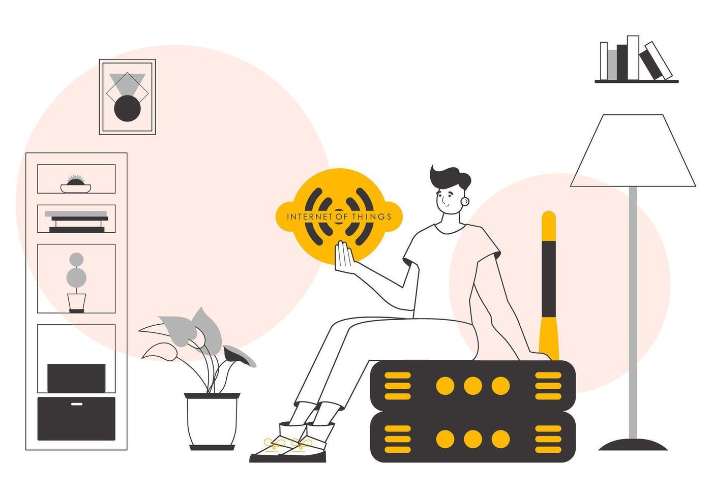 The guy holds the internet of things logo in his hands. Linear style. . vector
