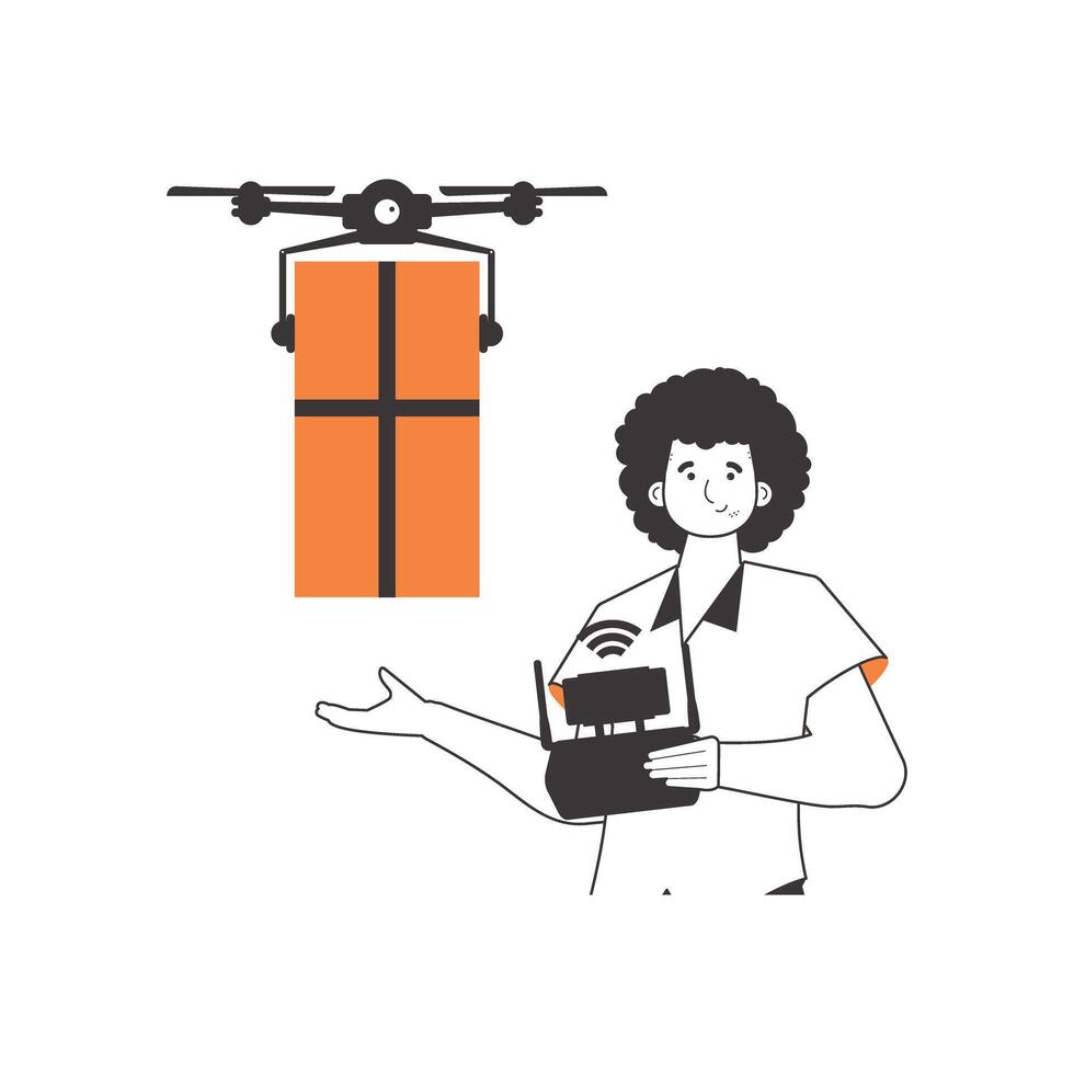 A man delivers a package by drone. The concept of cargo delivery by air. Minimalistic linear style. Isolated on white background. Vector illustration.