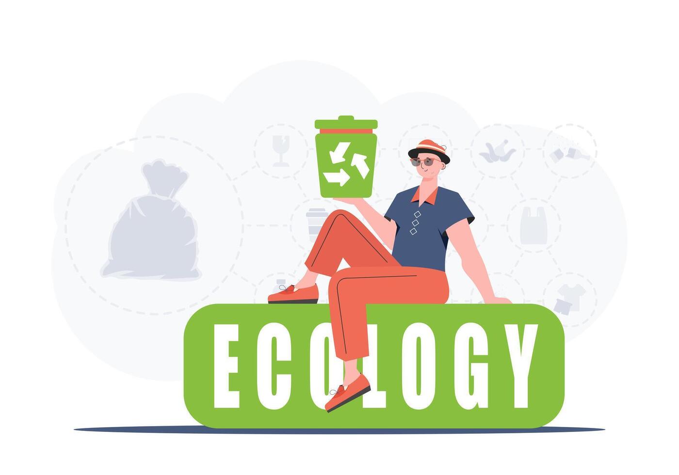 A man sits and holds a trash can in his hand. The concept of ecology and recycling. Trendy character style. Vetcor. vector