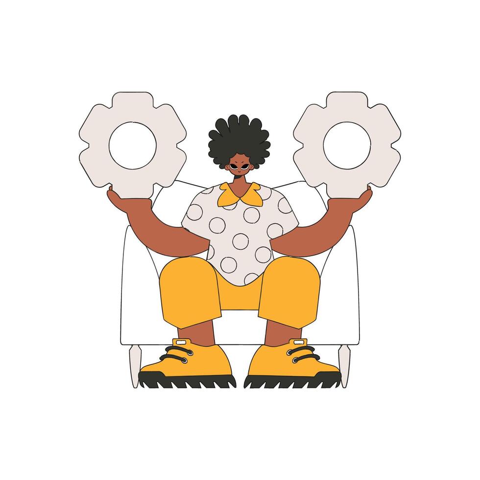 Attractive Guy holds gears in his hands. Idea theme. vector