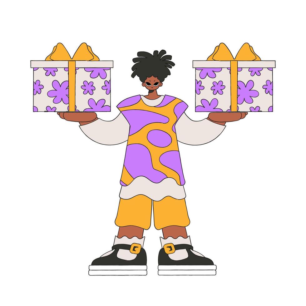 The guy is holding gifts. The concept of the holiday and gifts. Character in the style of the 80s and 90s. vector