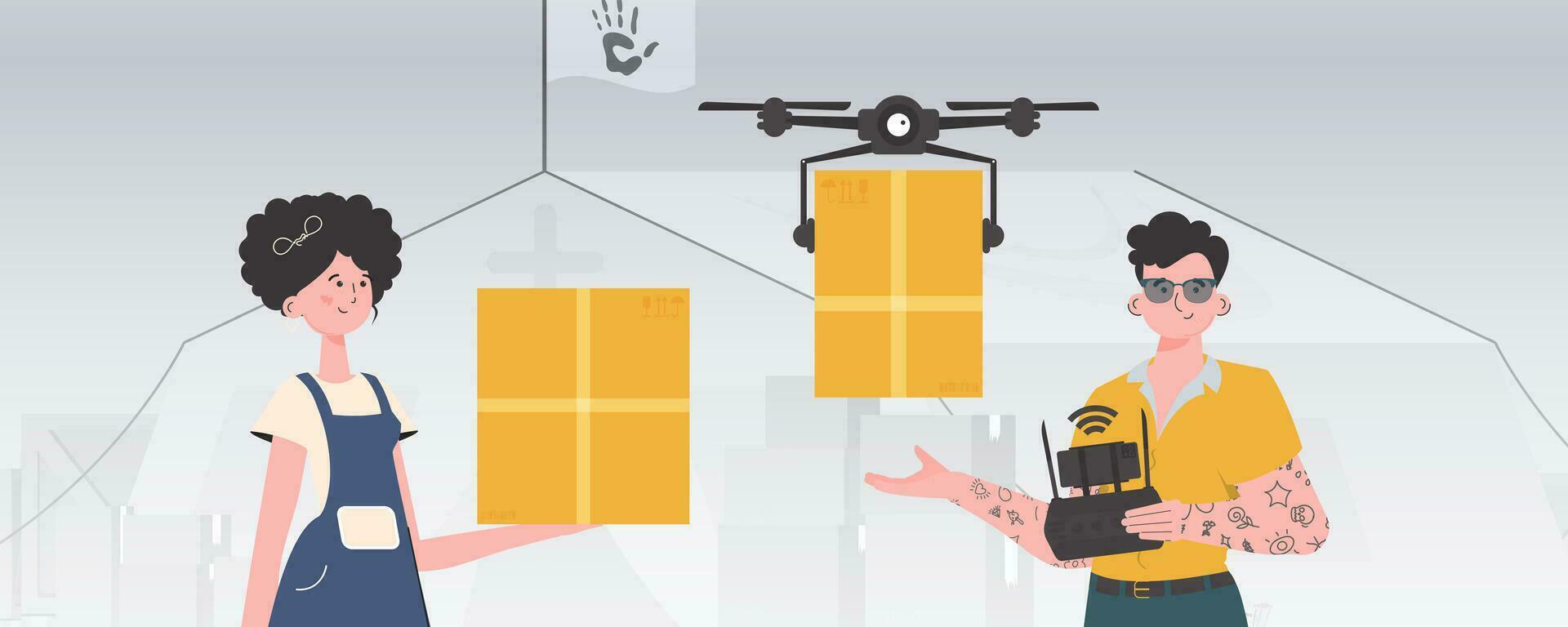 Camp for humanitarian aid. The quadcopter is transporting the parcel. Man and woman with cardboard boxes. trendy style. Vector. vector