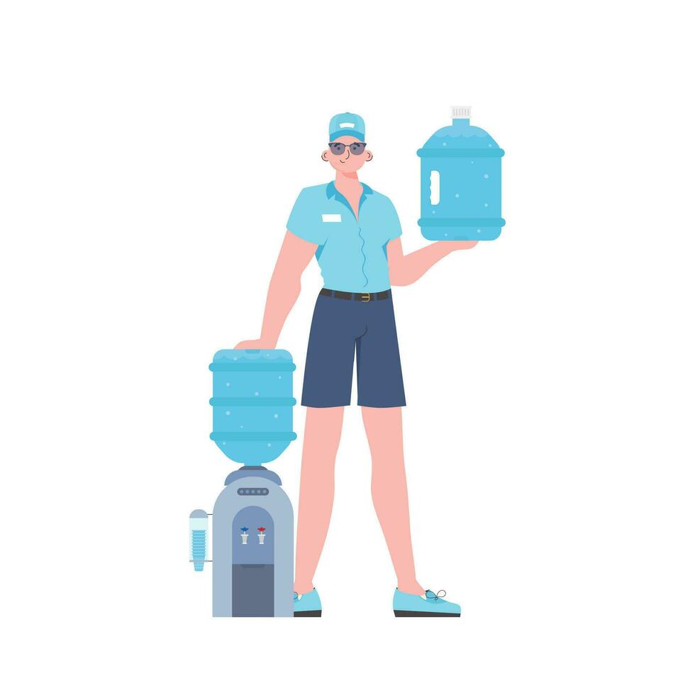 A man is holding a bottle of water. Delivery concept. The character is depicted in full growth. Isolated. Vector. vector