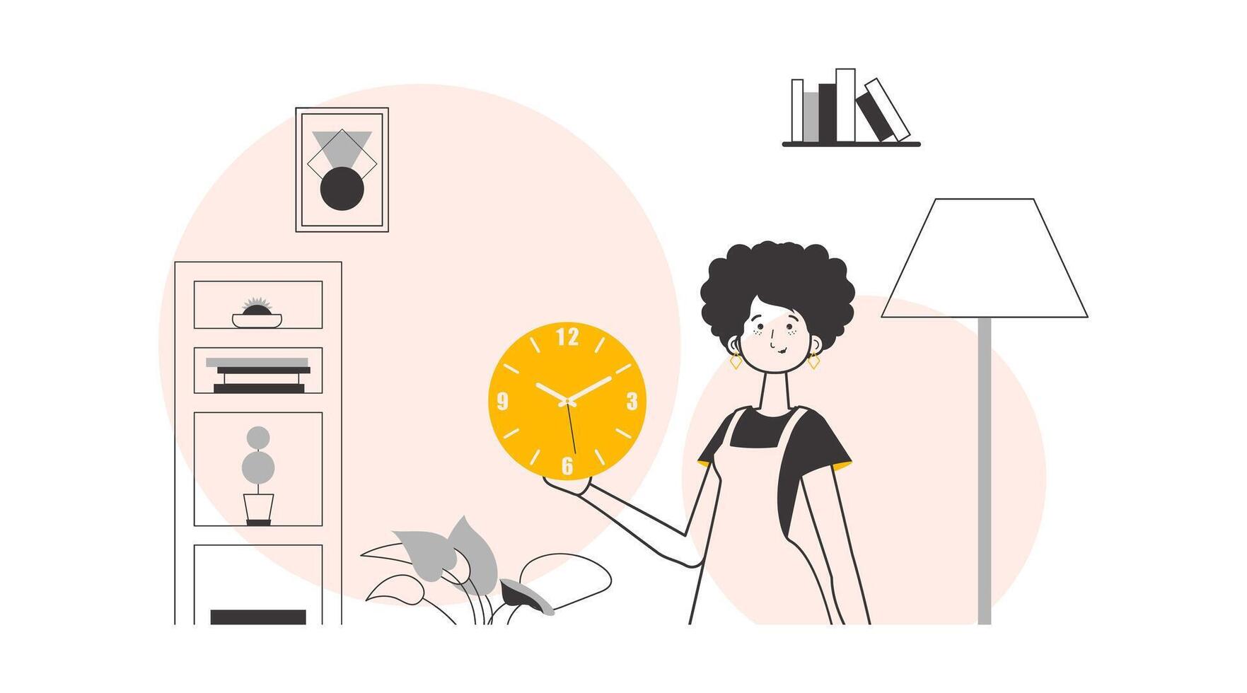 A woman is holding a watch in her hands. Time management concept. Minimalistic linear style. Vector illustration.