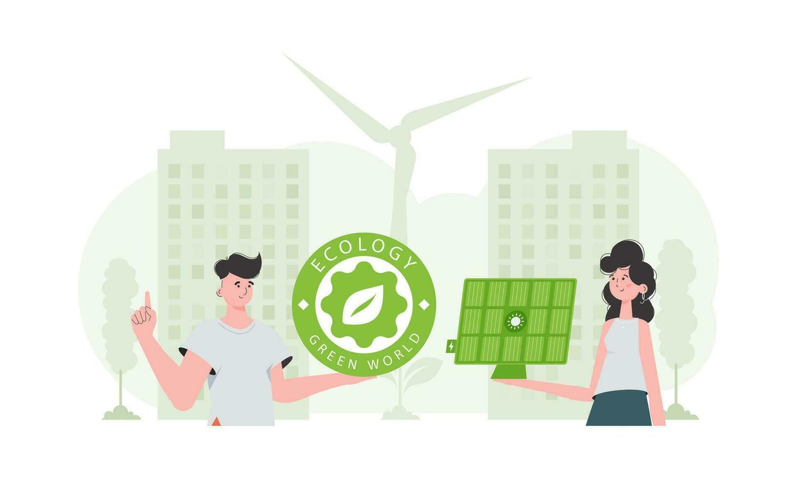 A girl and a guy and a solar panel. Eco energy concept. Vector illustration.