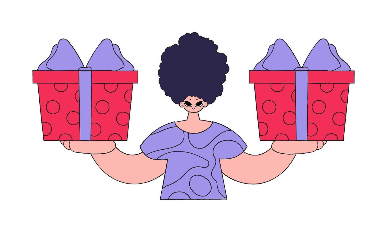 The man is holding gifts. The concept of the holiday and gifts. Character in the style of the 90s. vector