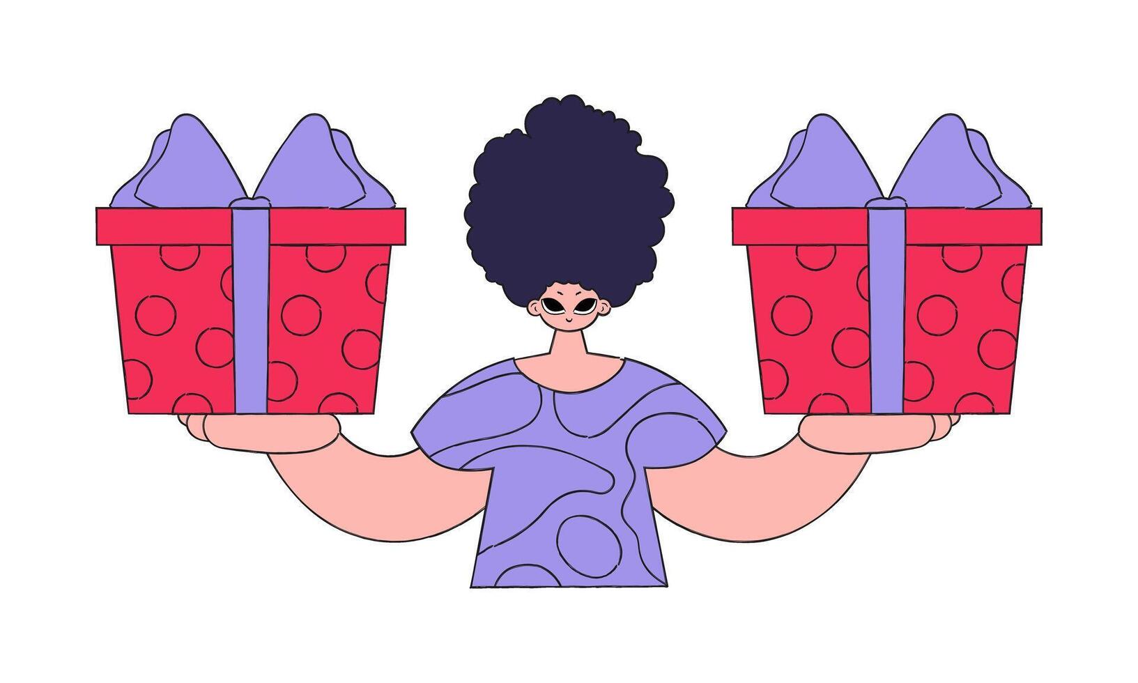 The man is holding gifts. The concept of the holiday and gifts. Character in the style of the 90s. vector