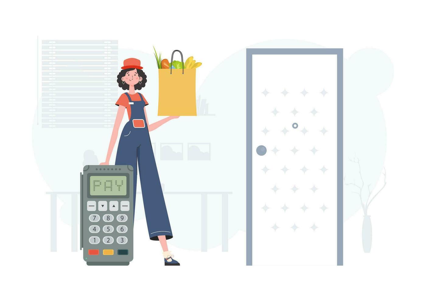 Home products. Food delivery. A woman delivers a package of products. trendy style. Vector. vector